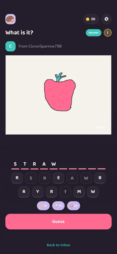 Guessing a drawing by tapping letter tiles